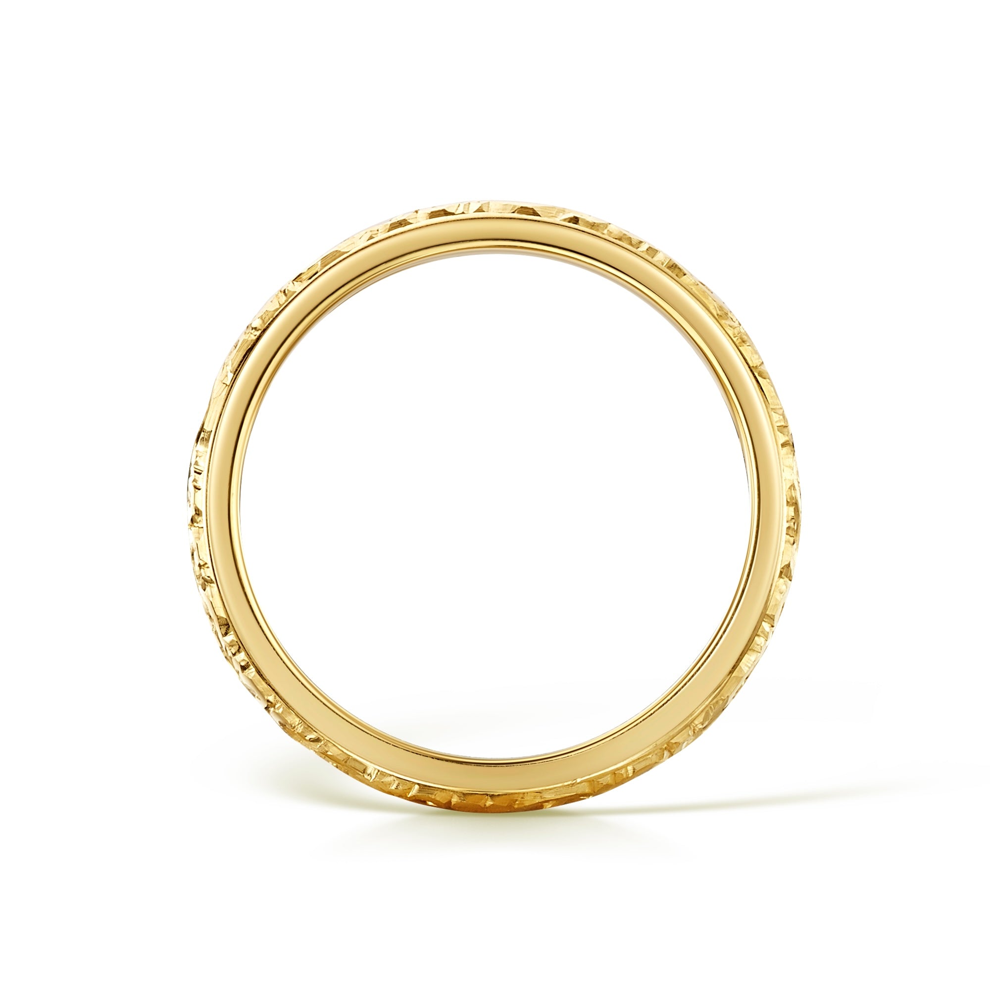 Scroll design hand engraved yellow gold wedding ring - Side