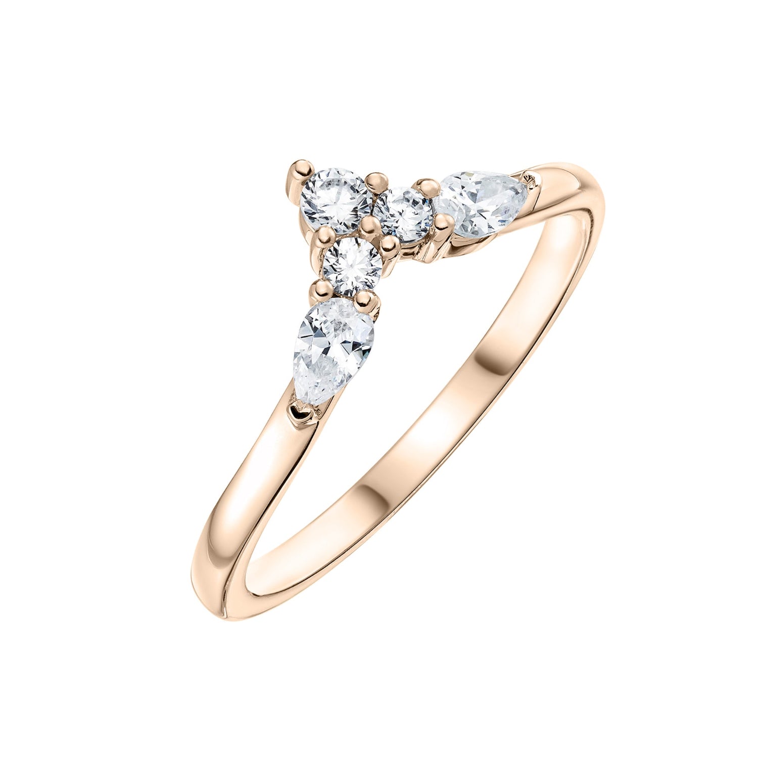 Shaped Diamond Wishbone Wedding Ring in Rose Gold on White Background 