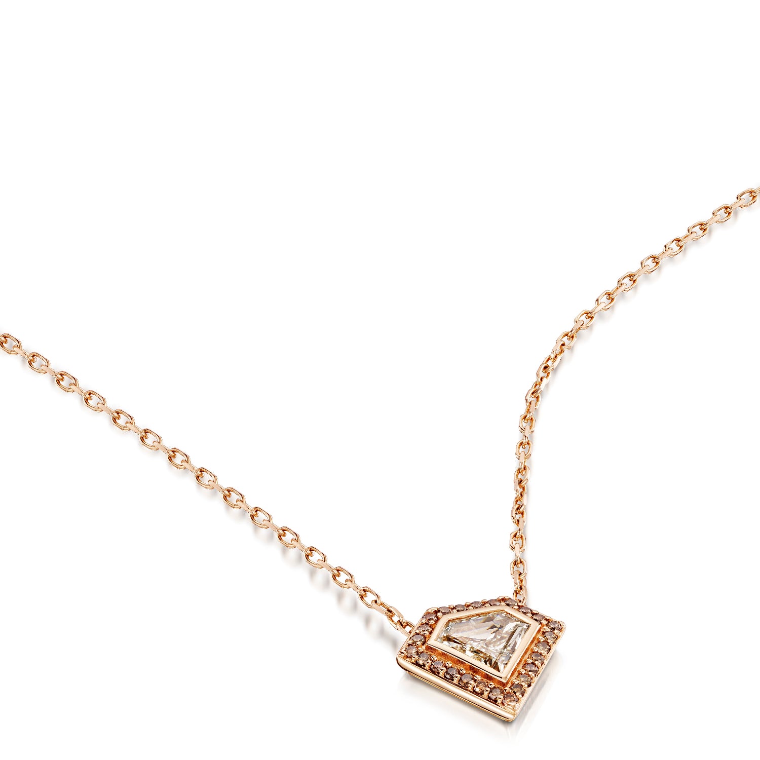 Shield Diamond Necklace with Brown Diamond halo in rose gold - lying flat