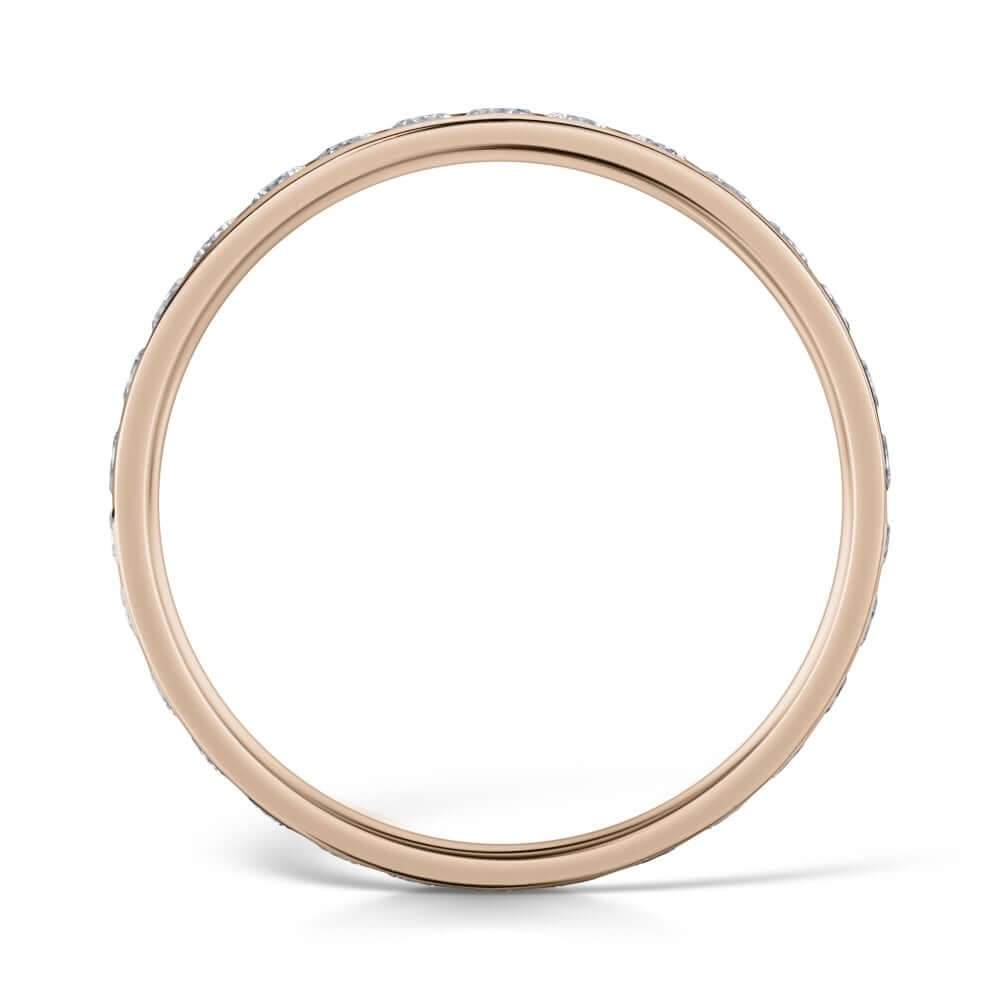 Side view of 18ct Rose Gold 2.5mm Diamond Ring with Round Diamonds all around on a white background.