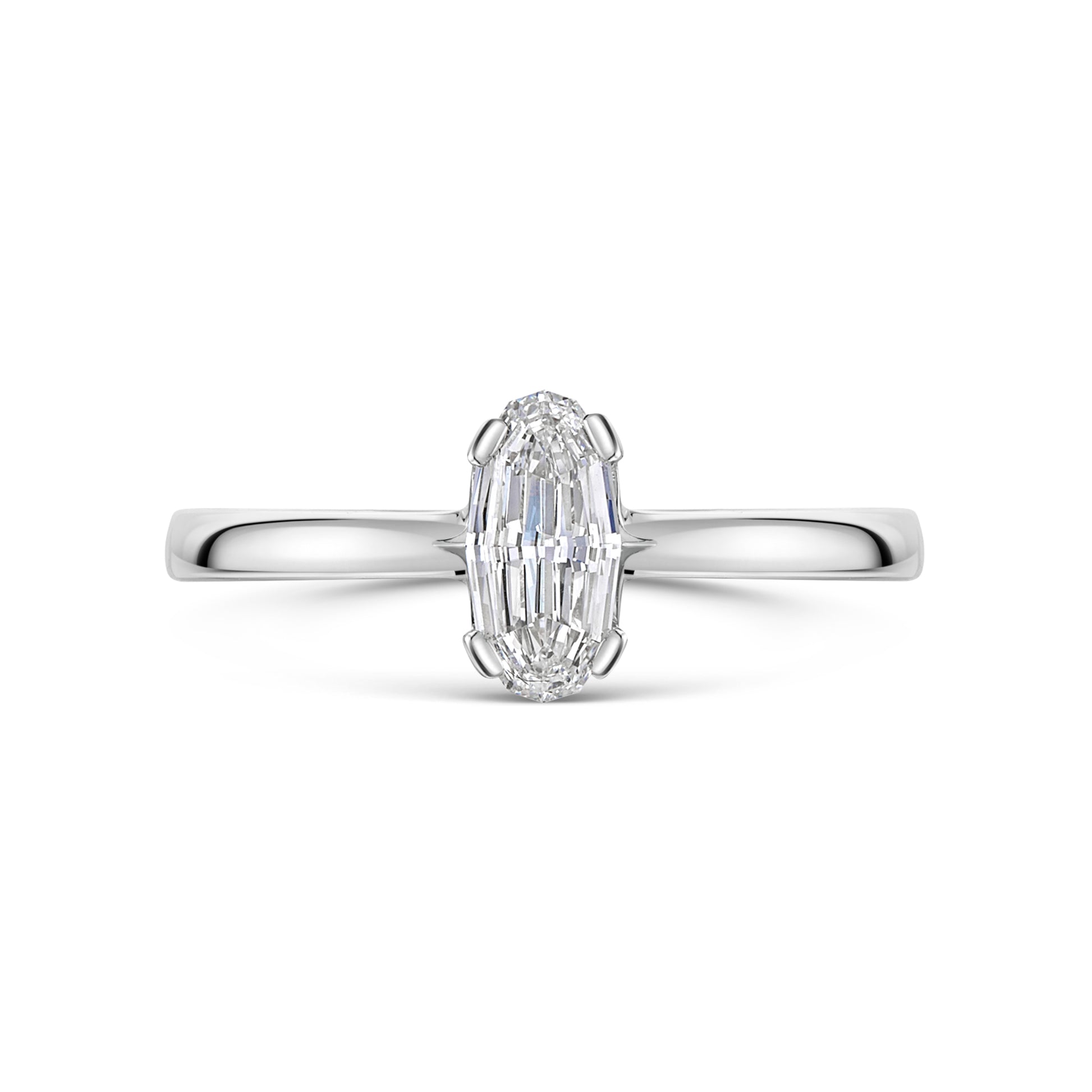 Diamond ring with an Oval mirror cut shaped center stone on a white background