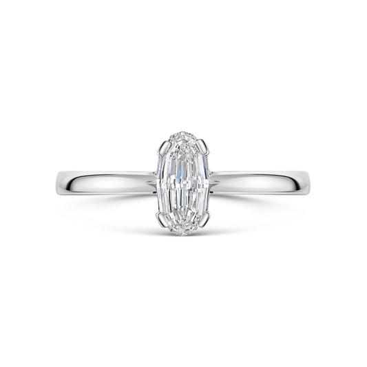 Diamond ring with an Oval mirror cut shaped center stone on a white background