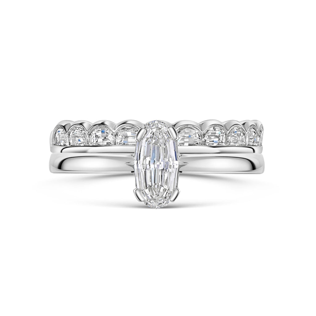 Step Cut Oval Engagement Ring with Matching Half Moon Diamond Wedding Ring