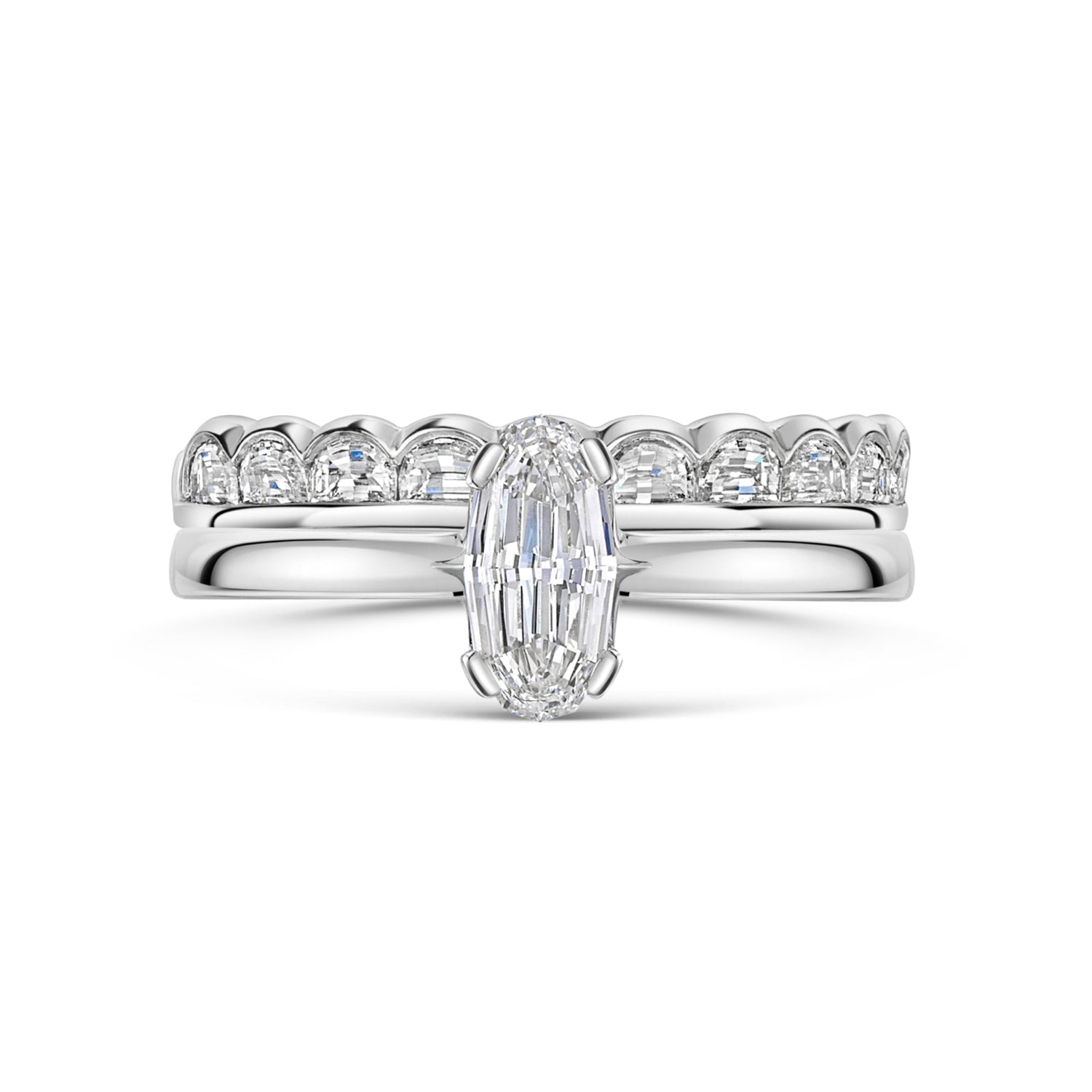 Step Cut Oval Engagement Ring with Matching Half Moon Diamond Wedding Ring