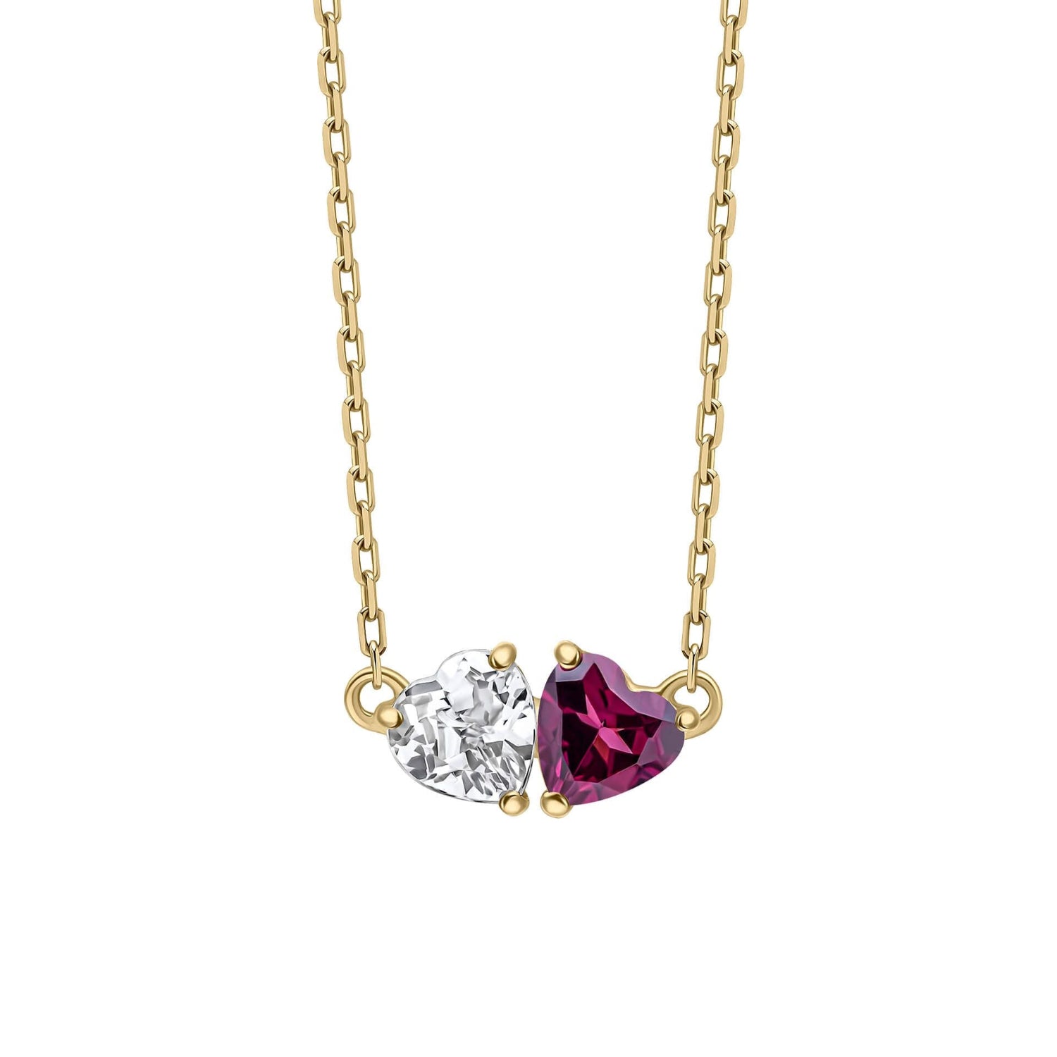 Gold toi et moi necklace with heart-shaped gemstones on a white background