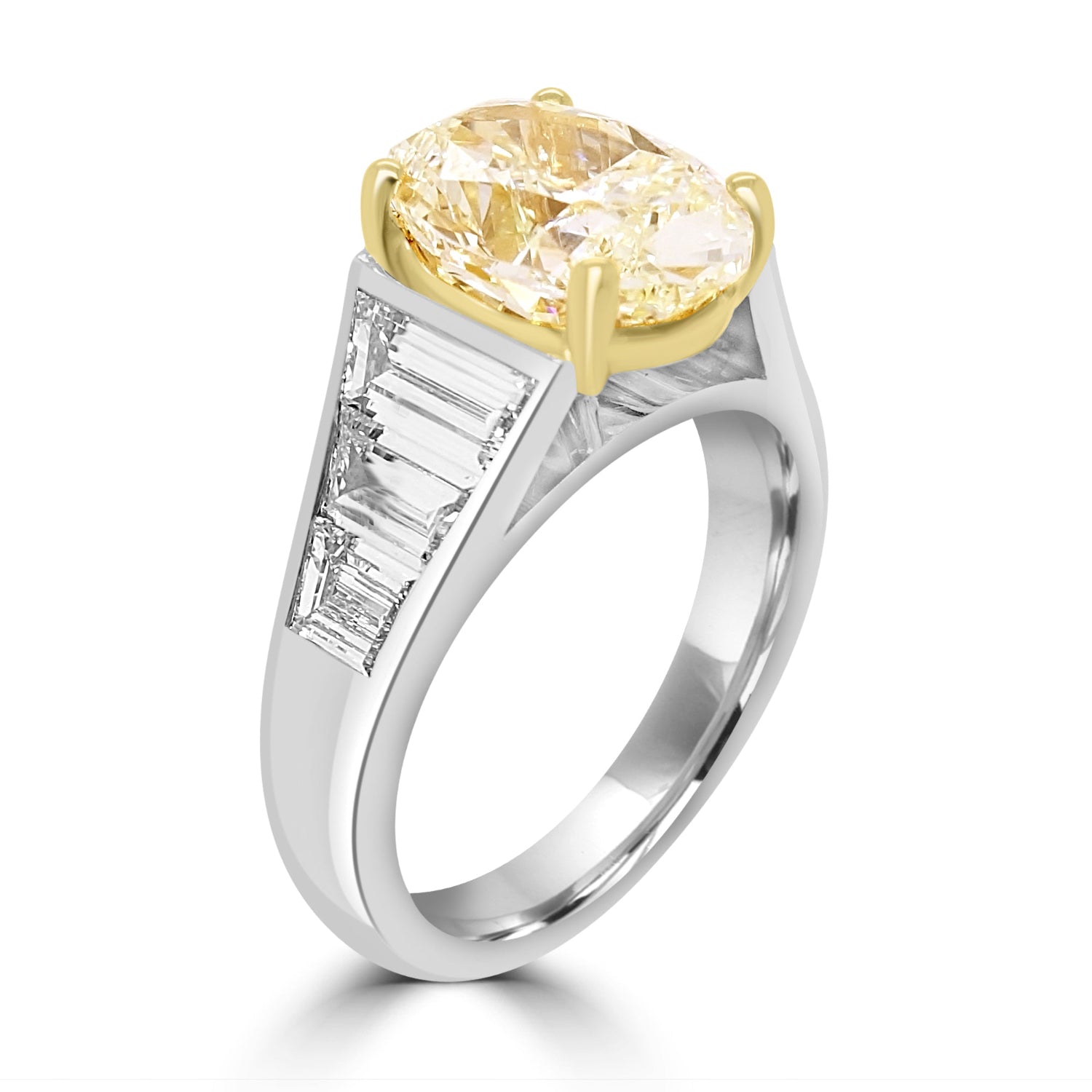 Unique Yellow Diamond Ring with Tapered Trapeze Diamond Shoulders - Angled - on a white background 