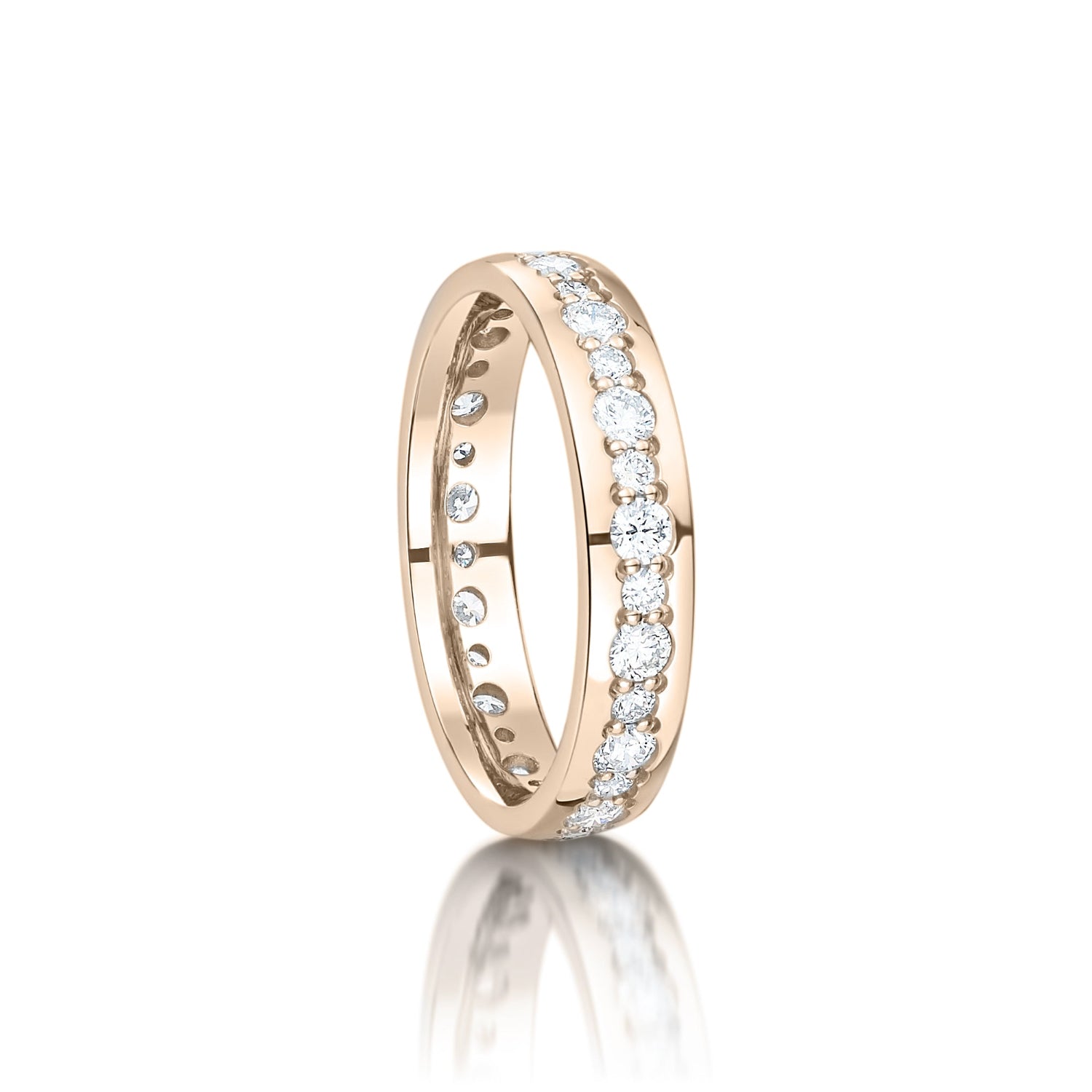 Rose gold wedding ring with diamonds on a white background