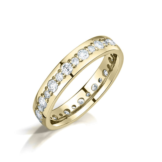 Unusual yellow gold diamond wedding ring on white background 