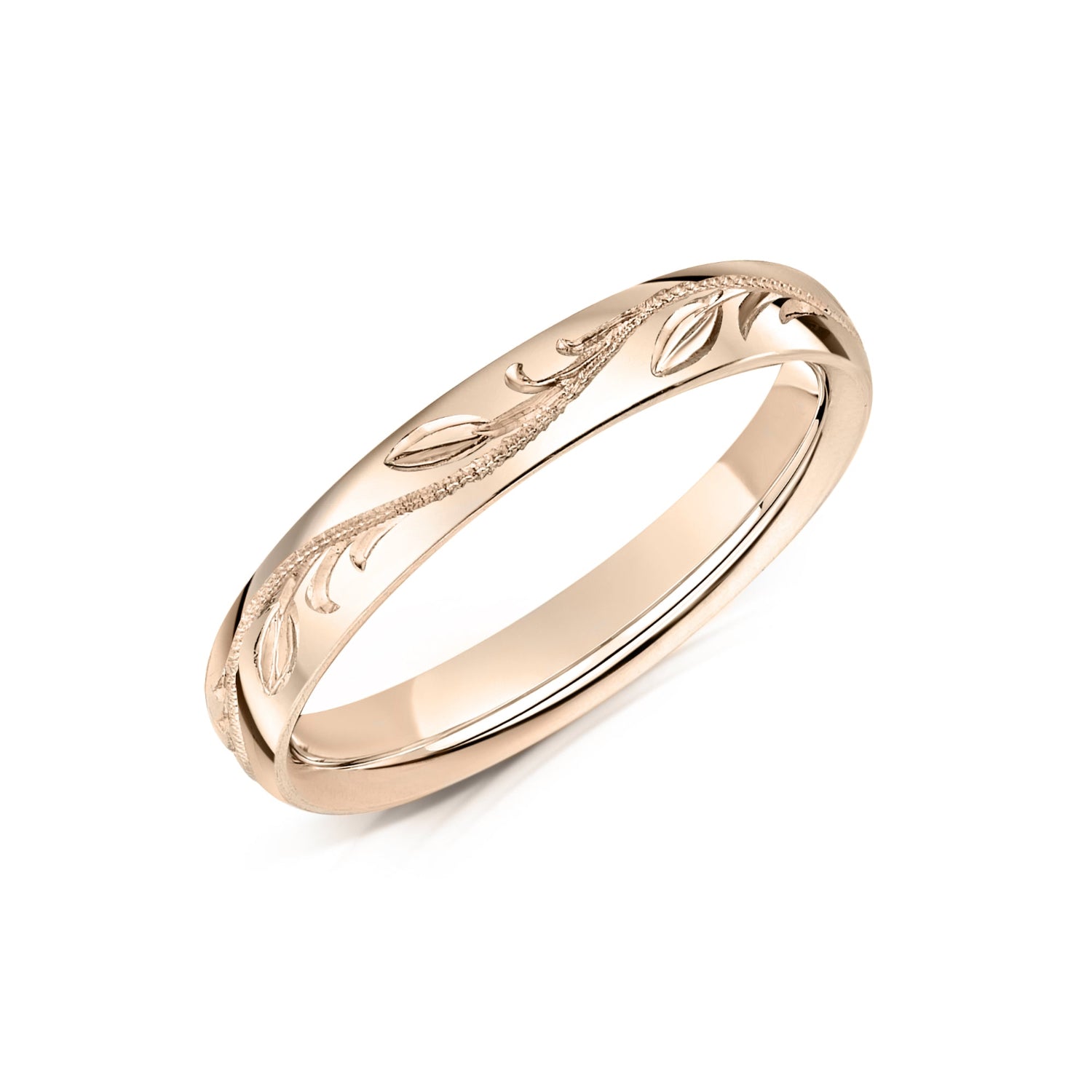 Wedding Band with Hand Engraved Leaves in Rose Gold