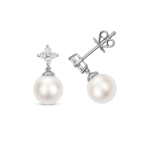 White Akoya Pearl & Diamond Earrings on White Background