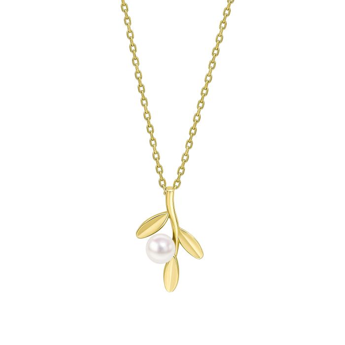 Willow Leaf Pearl Necklace in 9ct Yellow Gold on a white background