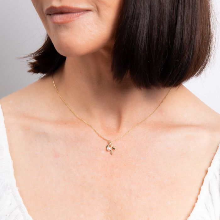 Willow Leaf Pearl Necklace in 9ct Yellow Gold - on model