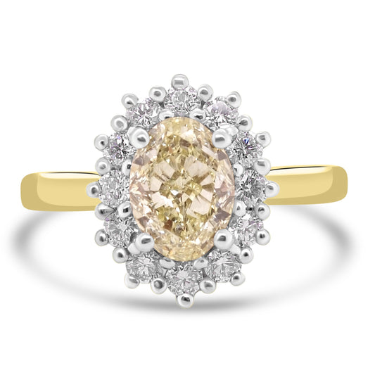 Yellow Diamond Cluster Ring with white diamonds on a white background