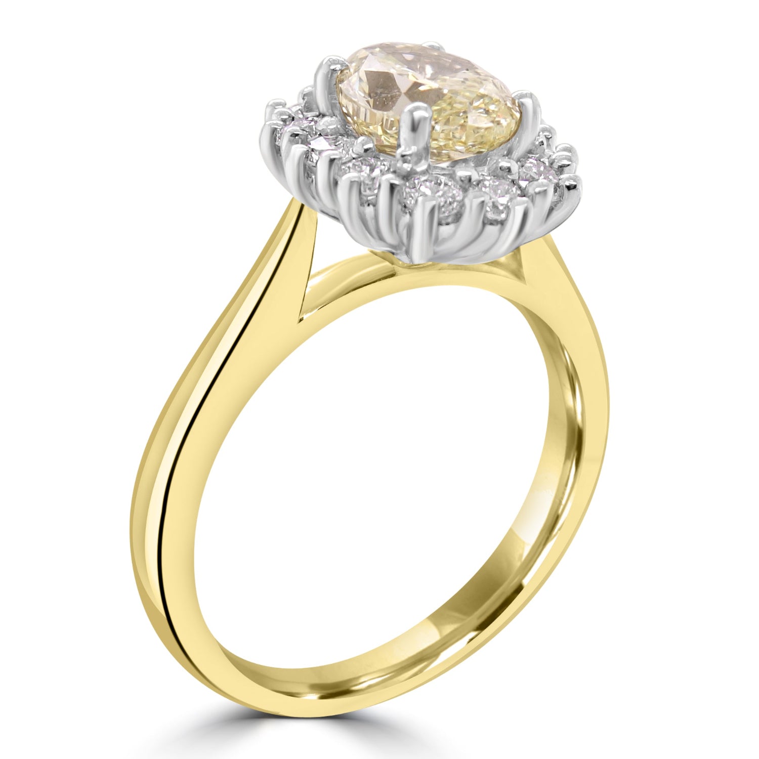 Yellow Diamond Cluster Ring with yellow gold band - angled view on a white background 