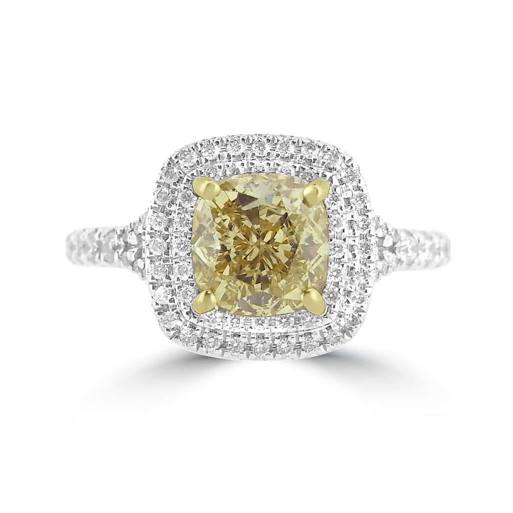 Yellow Diamond Double Halo Ring on white background