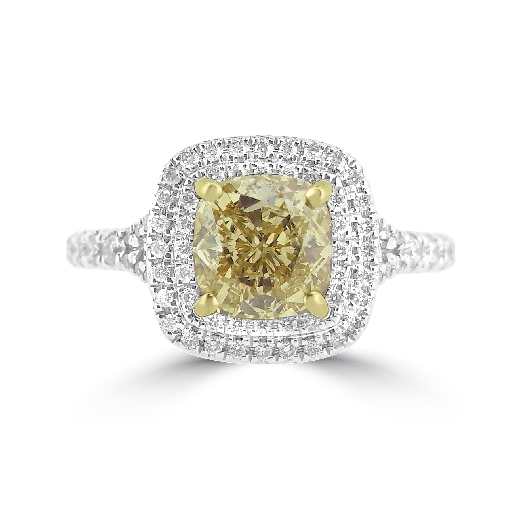 Yellow Diamond Double Halo Ring on white background