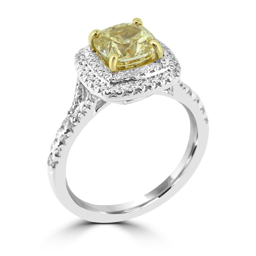 Yellow Diamond Double Halo Ring - angled on white background