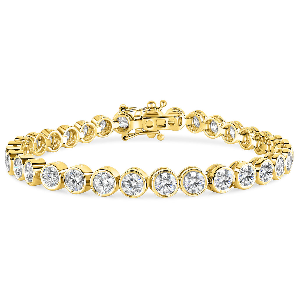 Yellow Gold bezel set round diamond tennis bracelet on a white background
