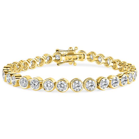 Yellow Gold bezel set round diamond tennis bracelet on a white background