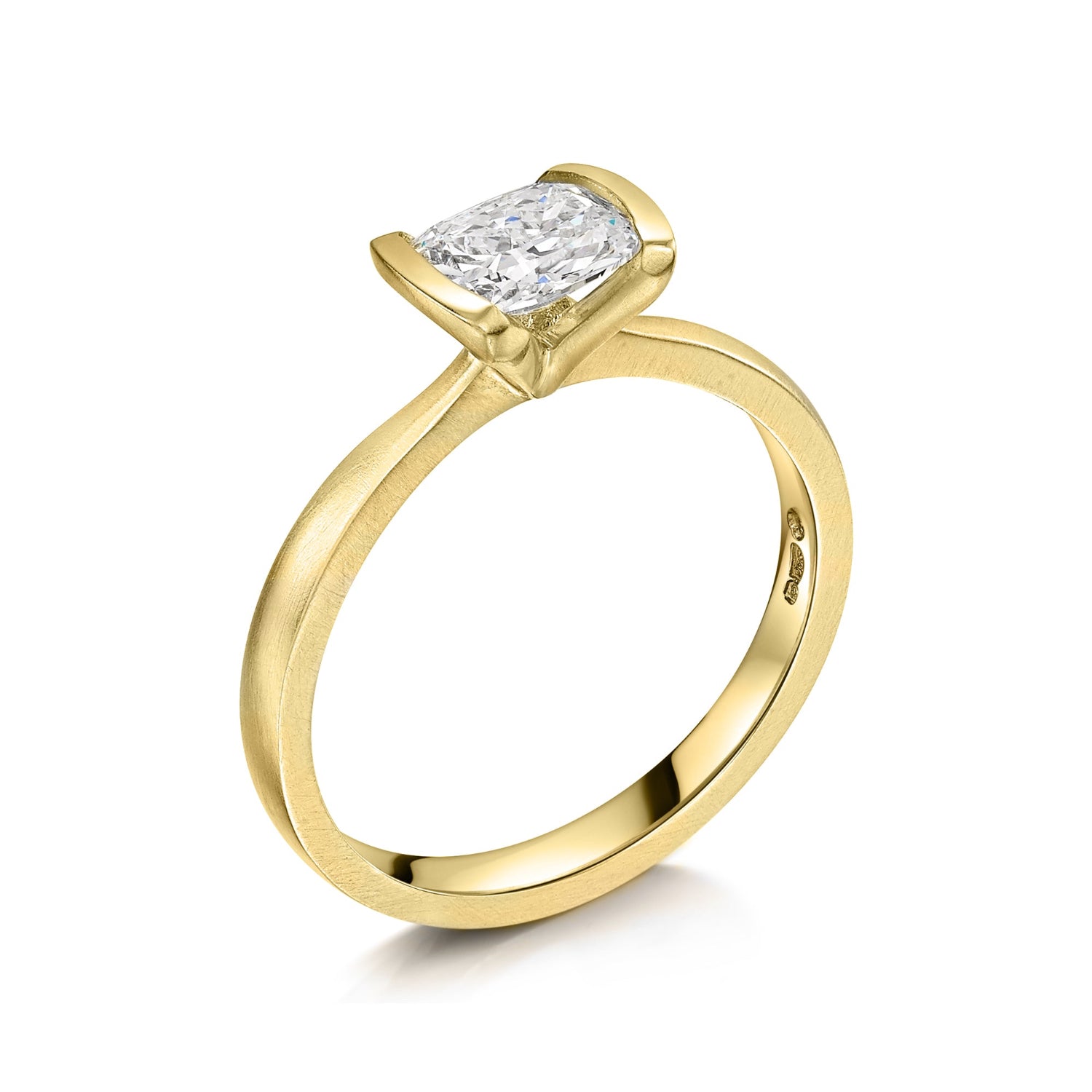 Yellow gold cushion cut diamond engagement ring - Side View