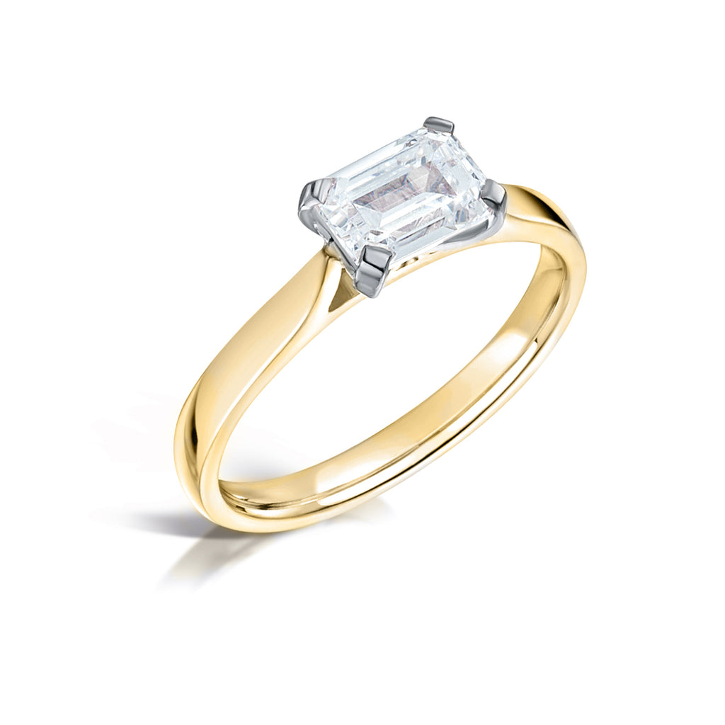 Yellow Gold horizontal emerald cut diamond engagement ring