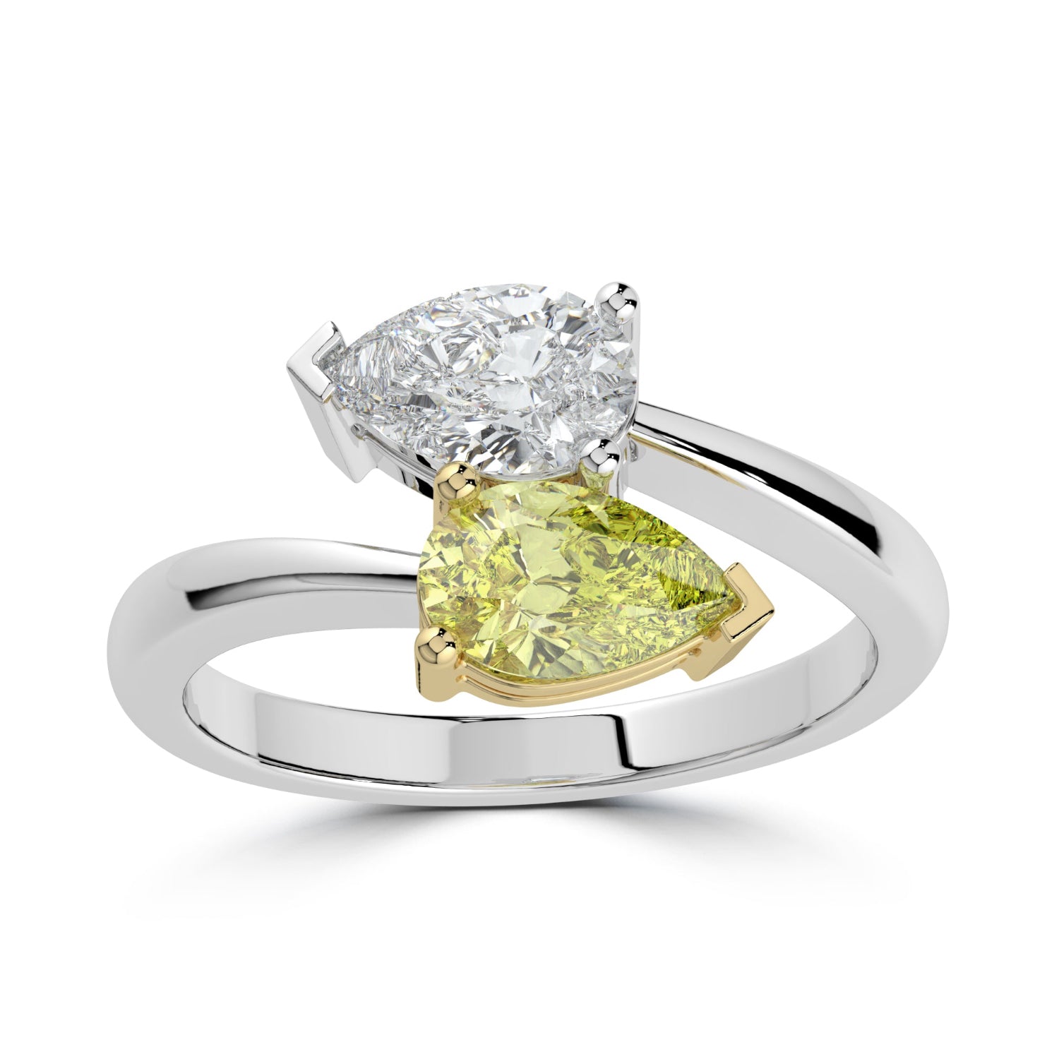 Ring with a large diamond and a smaller yellow gemstone on a white background