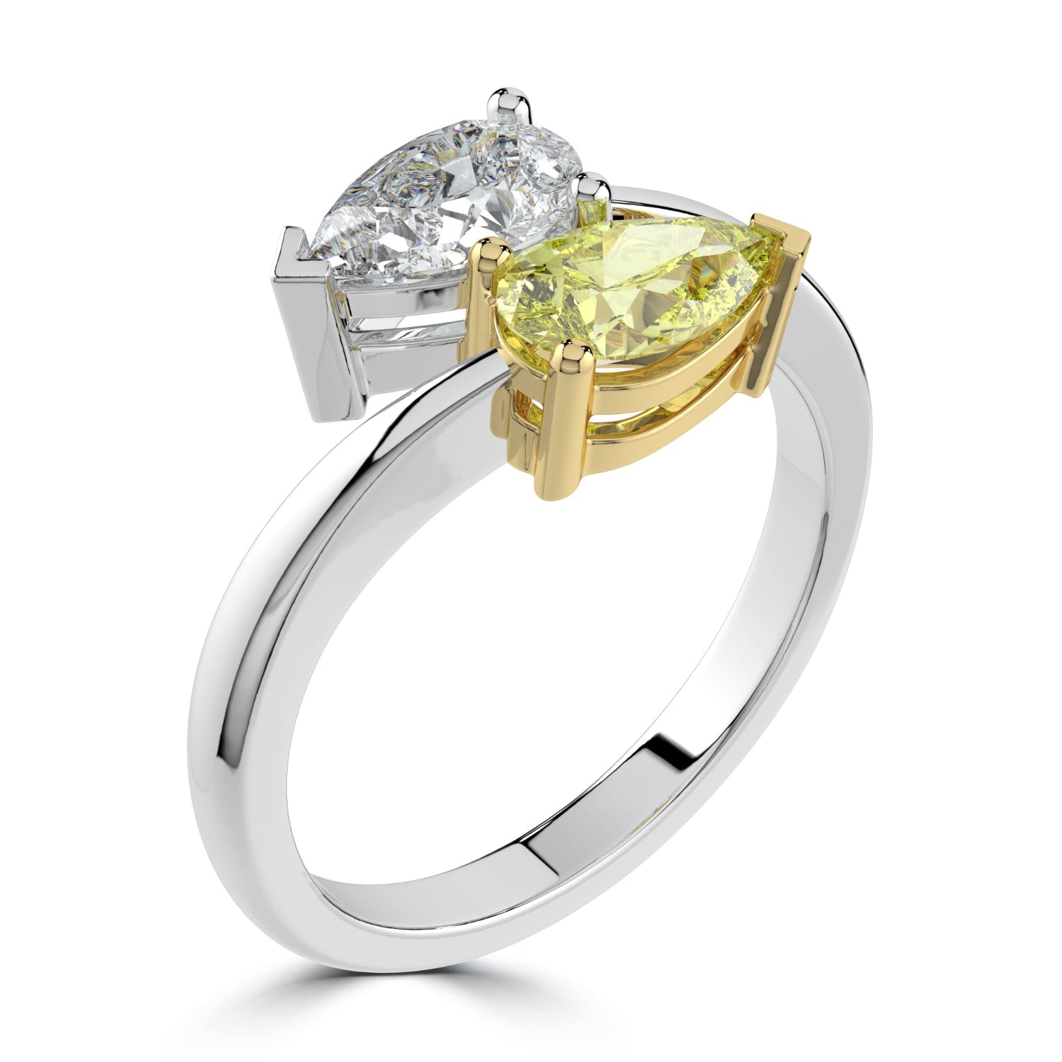 Ring with a yellow pear-shaped diamond and a white pear shaped diamond on a white background