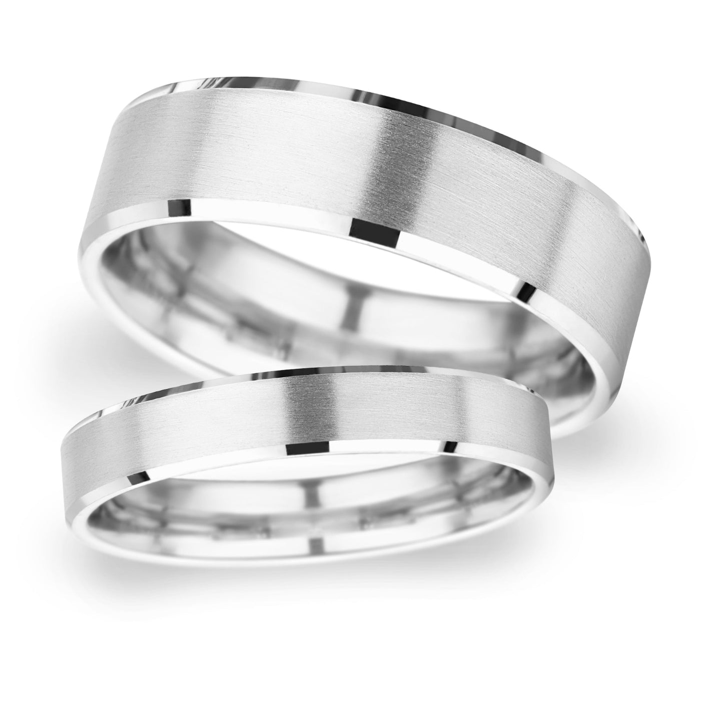 brushed centre & chamfered edge wedding ring pair on white background