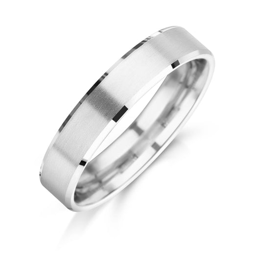 mens 5mm brushed wedding band with chamfered edges in palladium and platinum on white background