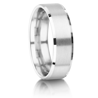 mens brushed wedding band with chamfered edges in palladium and platinum on white background