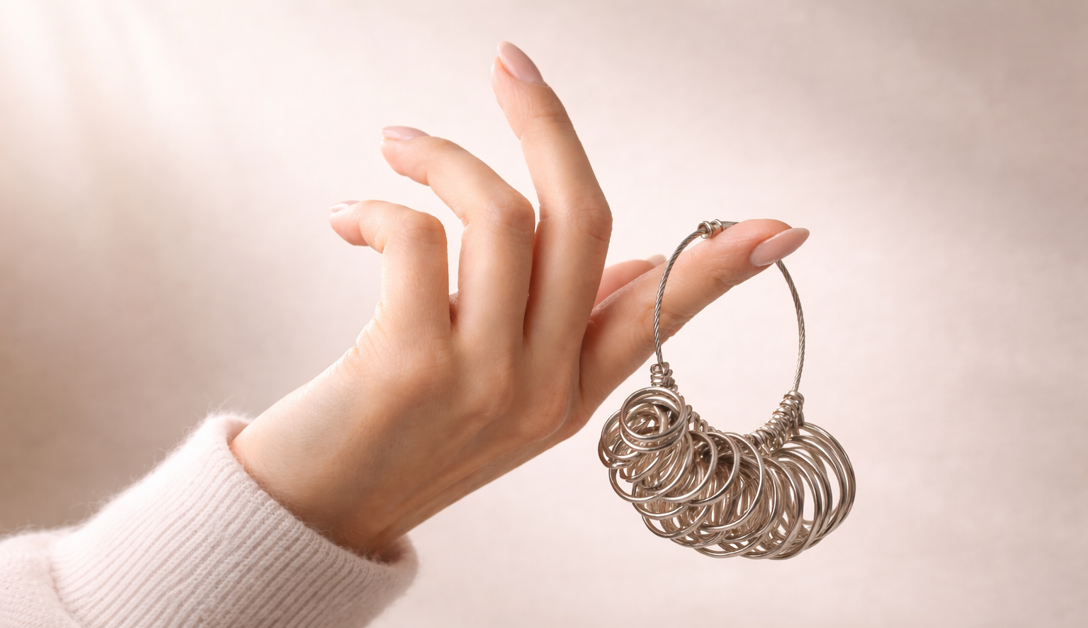 Hand holding a silver ring sizing set against a plain background
