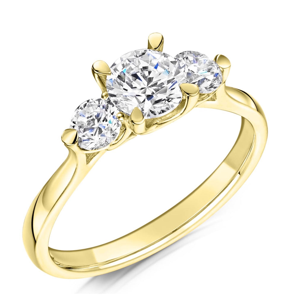 Round diamond trilogy ring in 18ct yellow gold on a white background