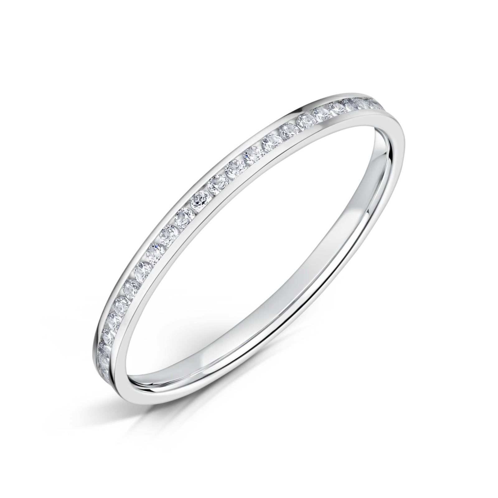 1.5mm Wide White Gold Channel Set Ring with White Round Diamonds all the way around on a white background.