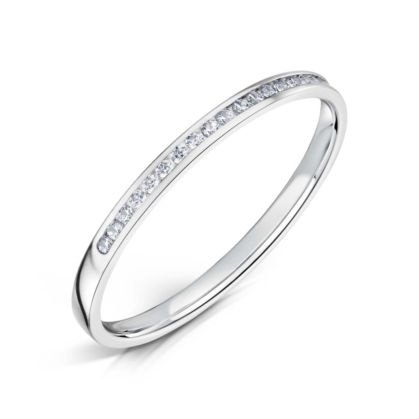 1.5mm Wide White Gold Channel Set Ring with White Round Diamonds half the way around on a white background.