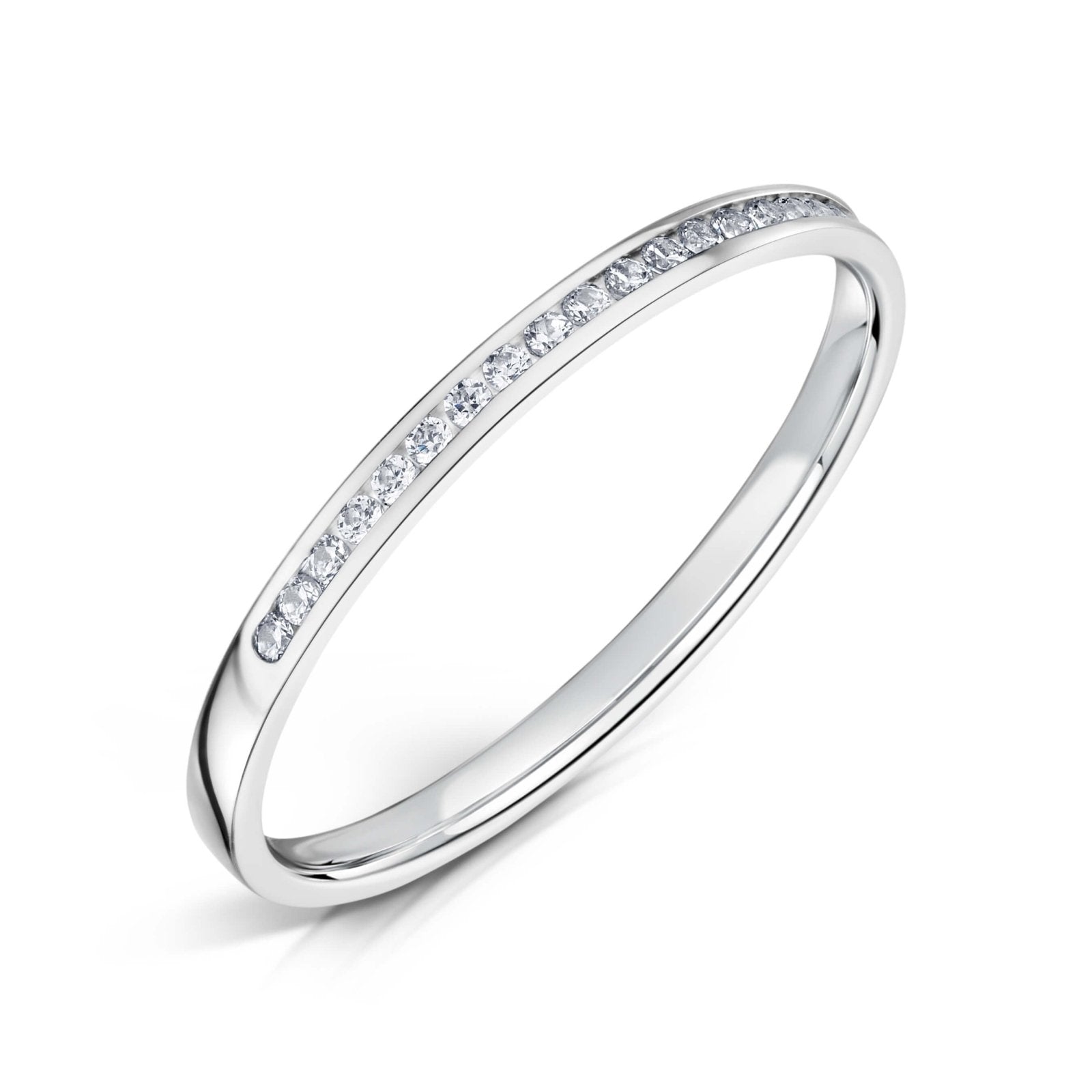 1.5mm Wide White Gold Channel Set Ring with White Round Diamonds half the way around on a white background.