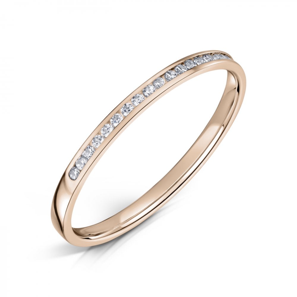 18ct Rose Gold 2.5mm Diamond Ring with Round Diamonds half the way around on a white background.