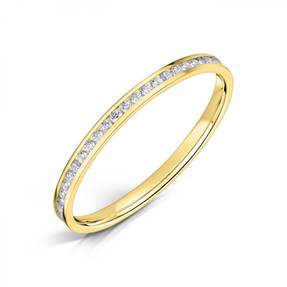 18ct Yellow Gold Channel Set Diamond Eternity Ring with 1.5mm Round Diamonds on a white background.