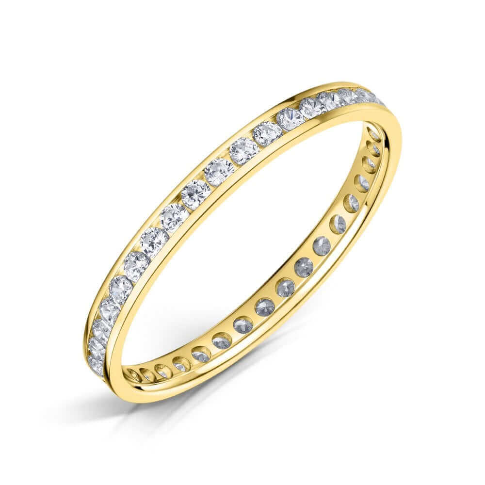 18ct Yellow Gold Channel Set Diamond Eternity Ring with 2.0mm Round Diamonds on a white background.