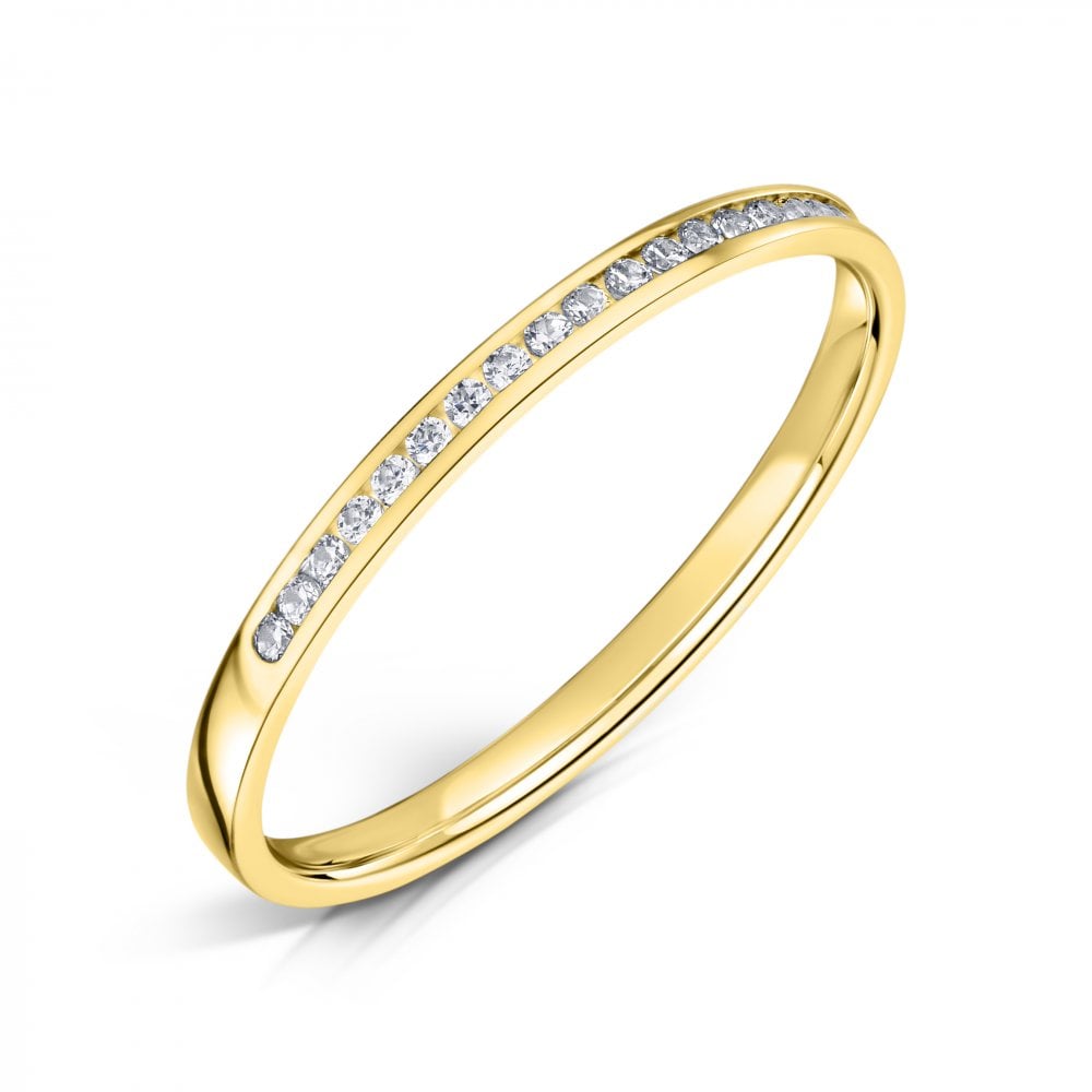 18ct Yellow Gold Channel Set Diamond Eternity Ring with 1.5mm Round Diamonds in an angled view on a white background.