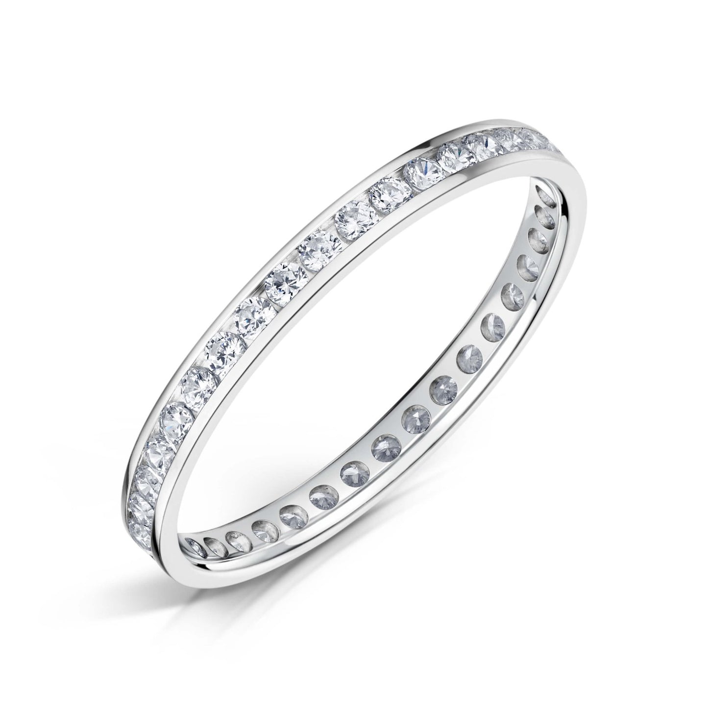2.0mm Wide White Gold Channel Set Ring with White Round Diamonds all the way around on a white background.