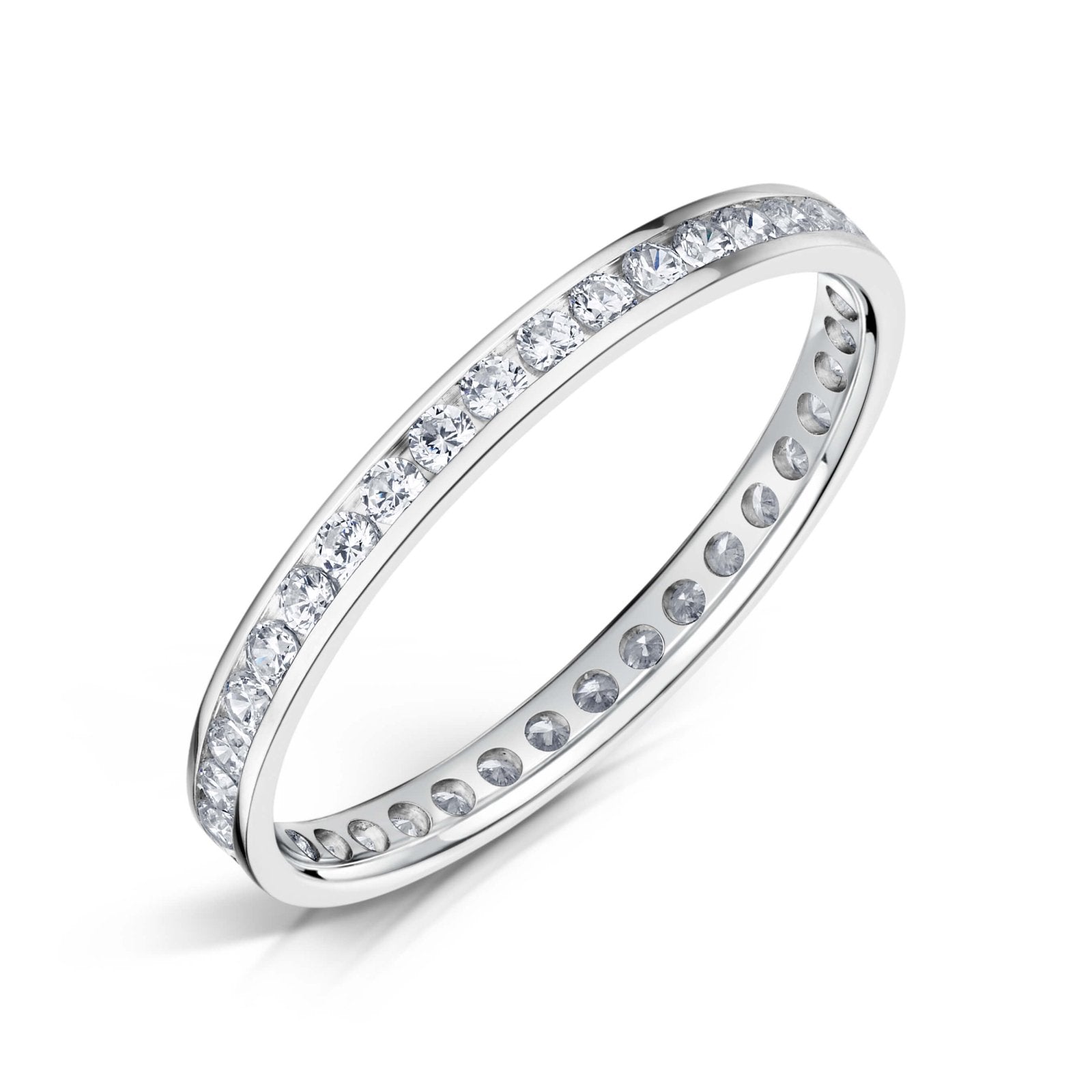 2.0mm Wide White Gold Channel Set Ring with White Round Diamonds all the way around on a white background.