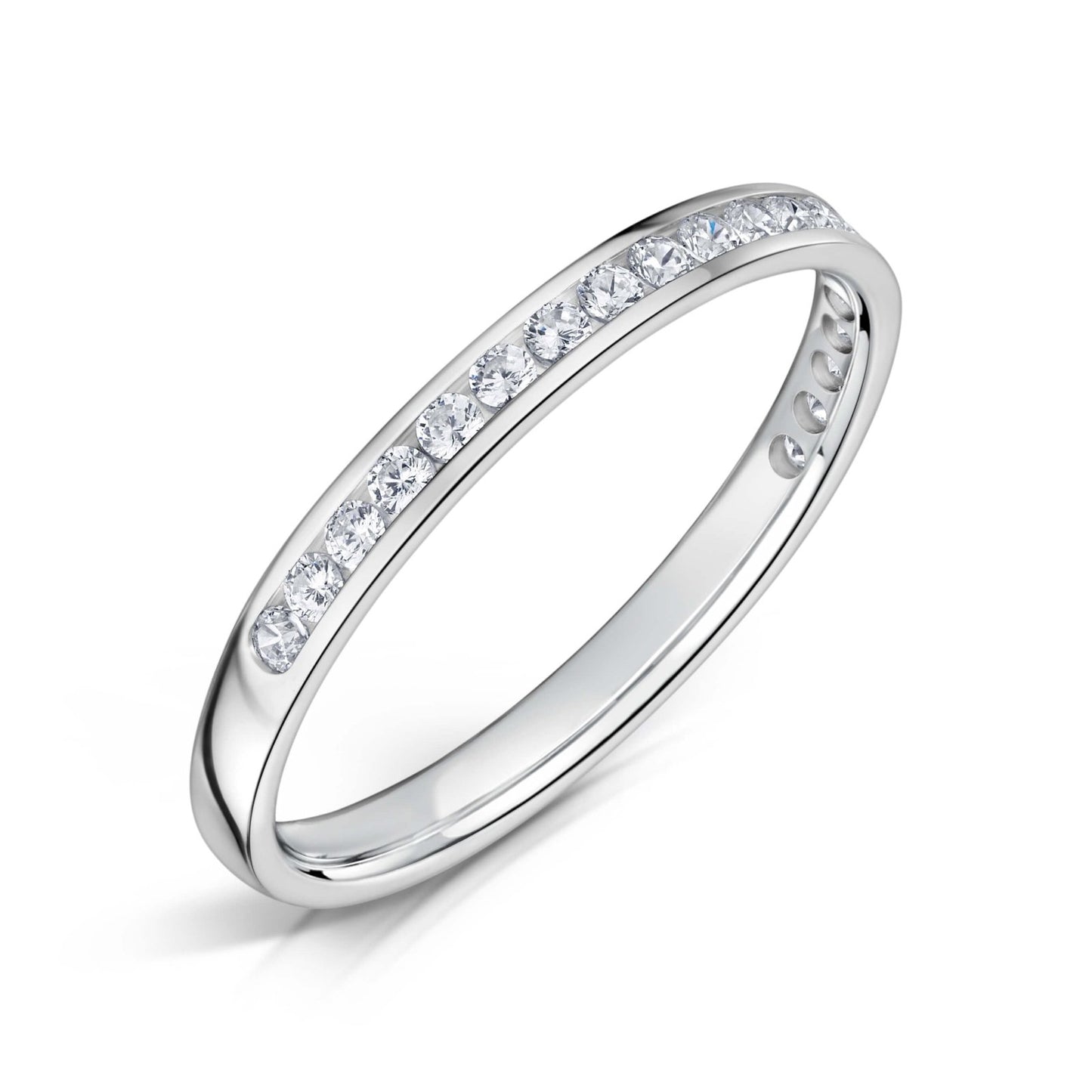 2.0mm Wide White Gold Channel Set Ring with White Round Diamonds half the way around on a white background.