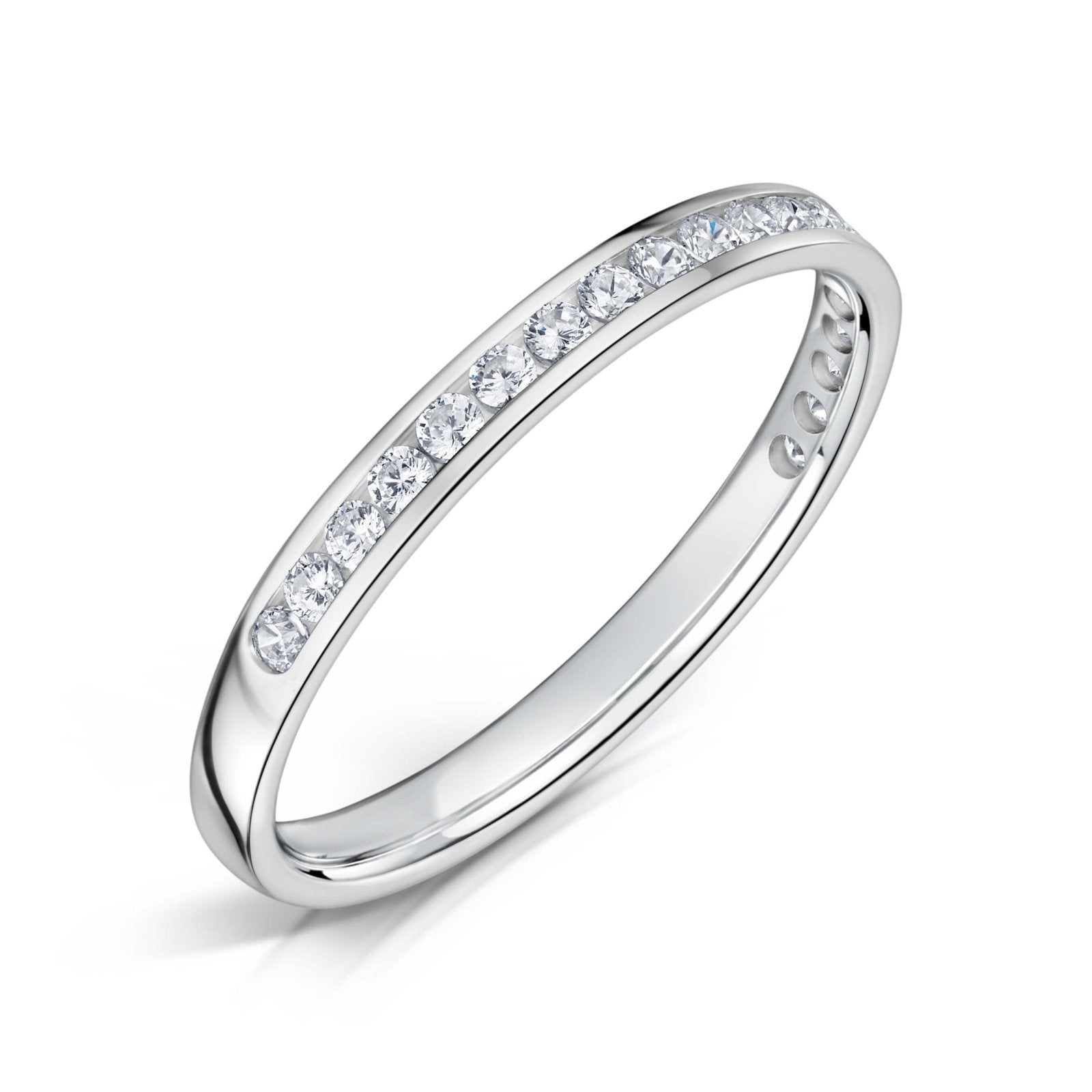 2.0mm Wide White Gold Channel Set Ring with White Round Diamonds half the way around on a white background.