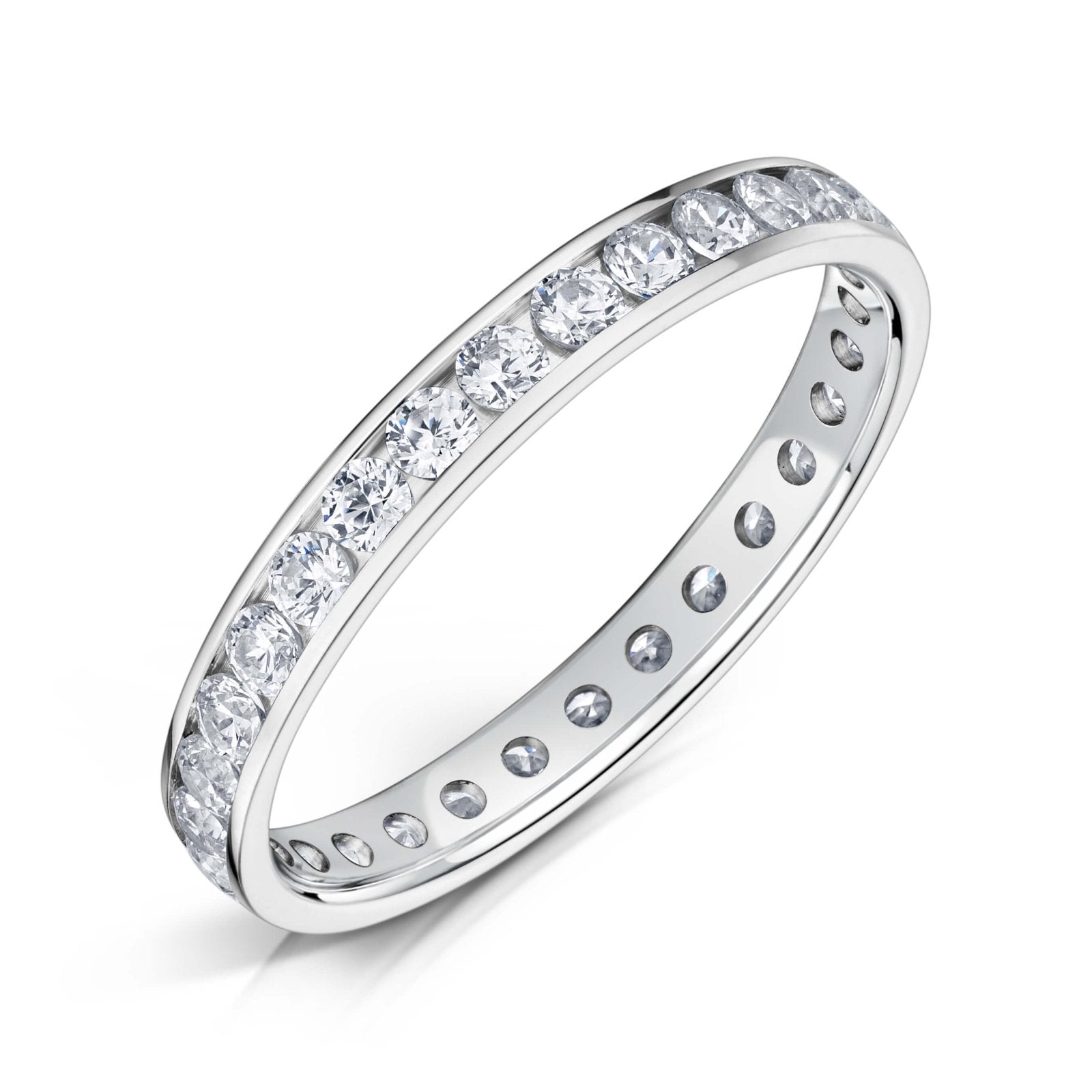 2.5mm Wide White Gold Channel Set Ring with White Round Diamonds all the way around on a white background.