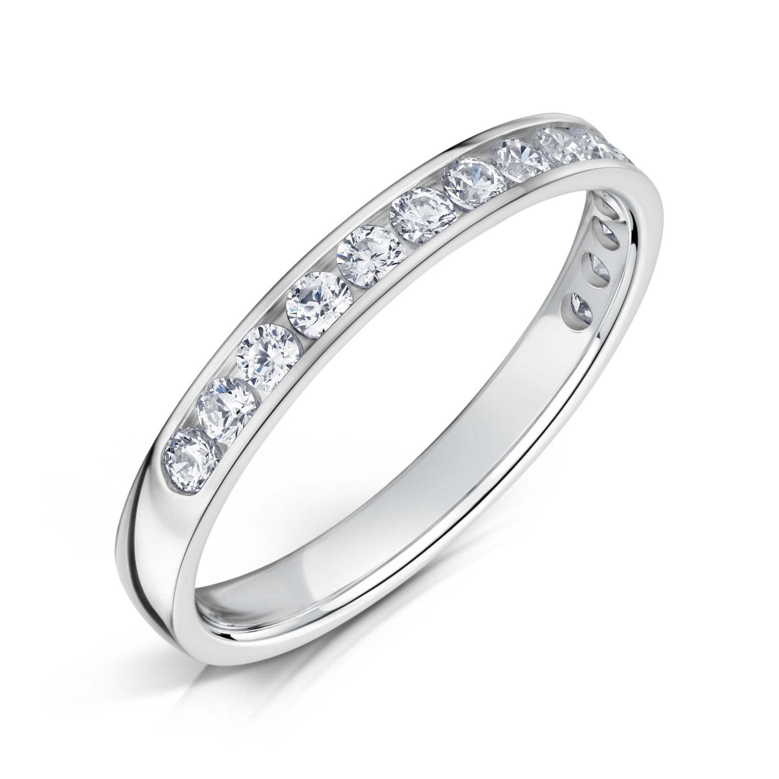 2.5mm Wide White Gold Channel Set Ring with White Round Diamonds half the way around on a white background.
