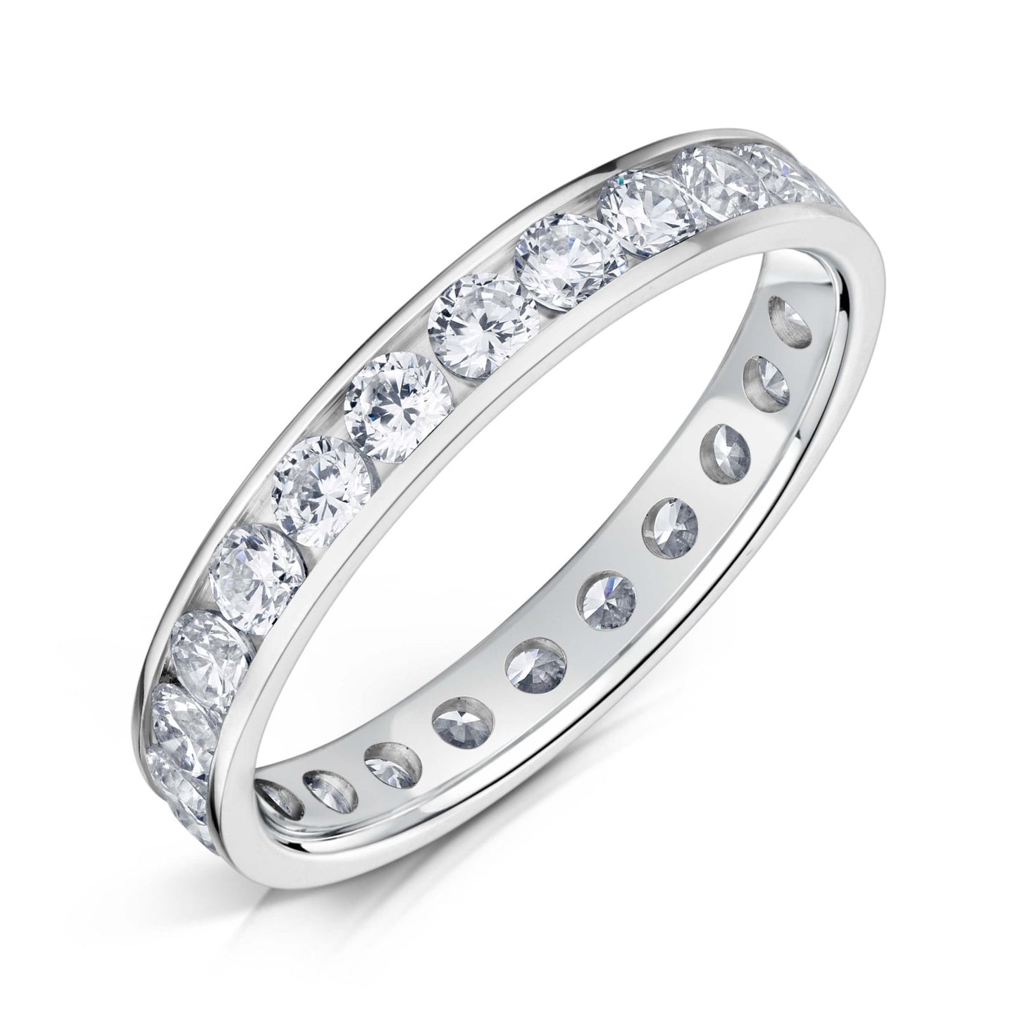 3.0mm Wide White Gold Channel Set Ring with White Round Diamonds all the way around on a white background.