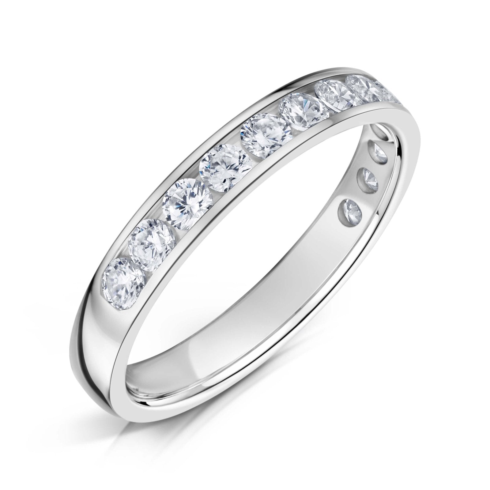 3.0mm Wide White Gold Channel Set Ring with White Round Diamonds half the way around on a white background.