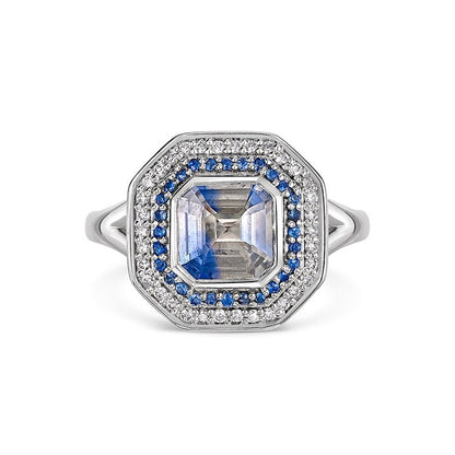 One of a kind blue and white bi-colour Sapphire and diamond cluster ring with split shank