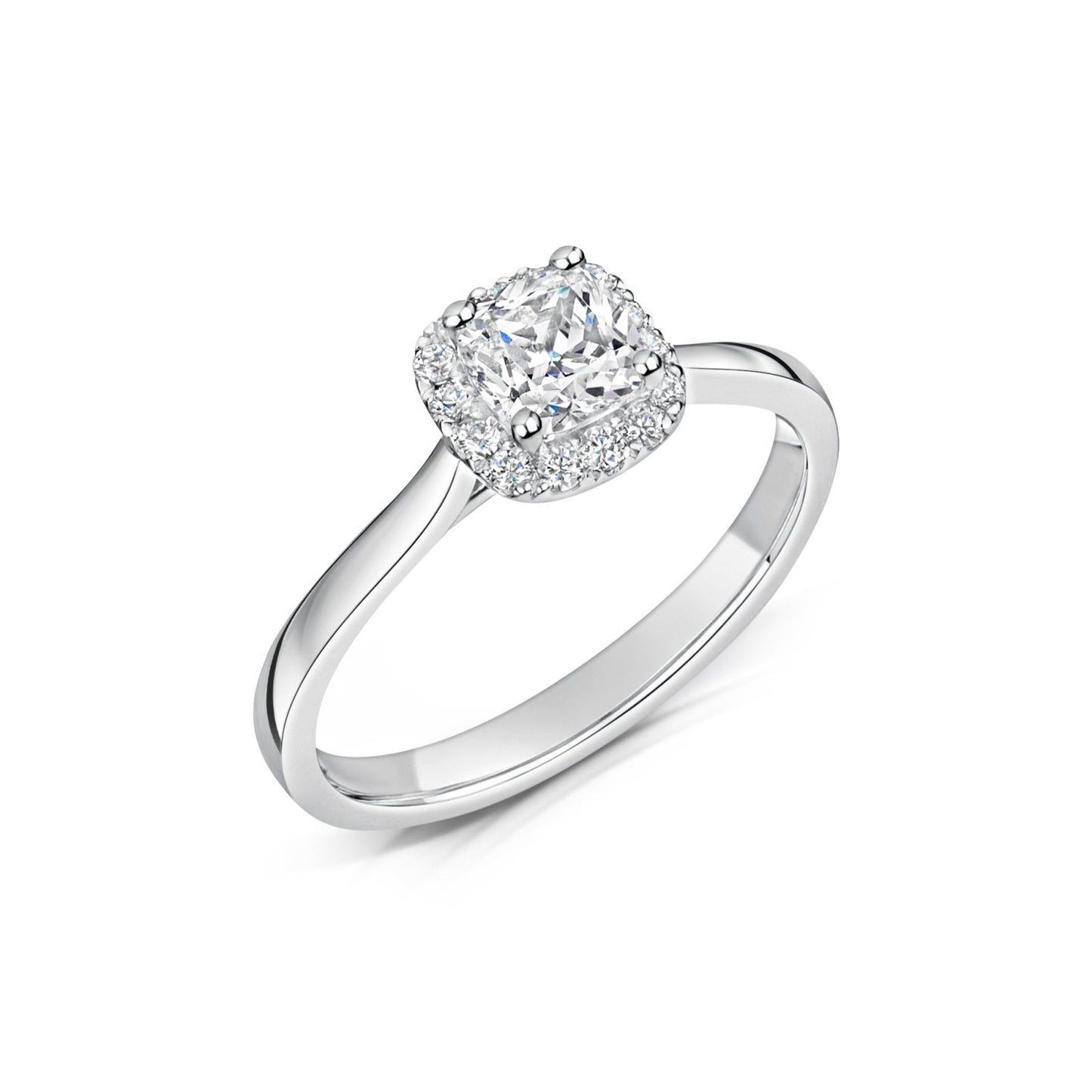 Cushion Diamond Halo Cluster Engagement Ring angled top view on a white background.