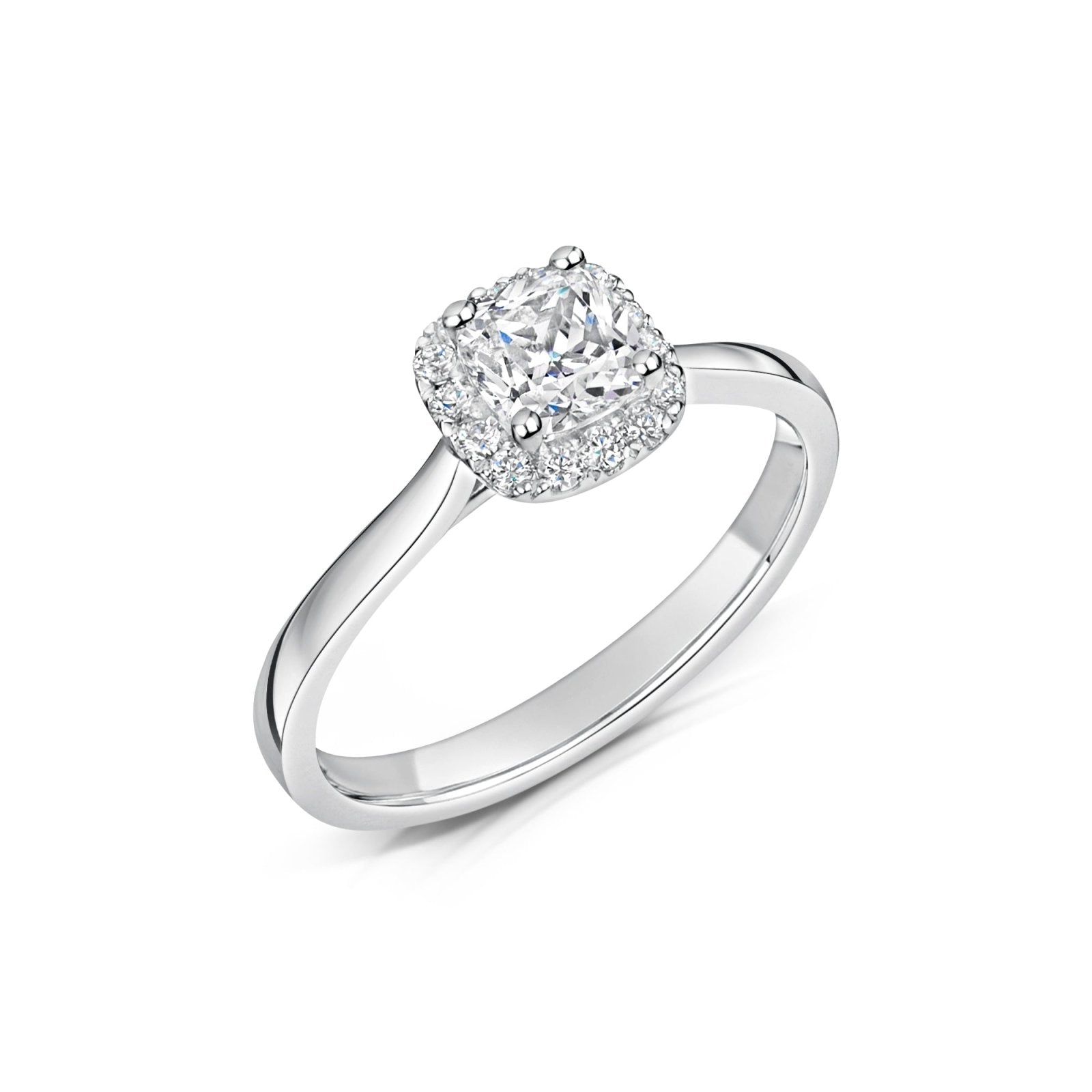 Cushion Diamond Halo Cluster Engagement Ring angled top view on a white background.